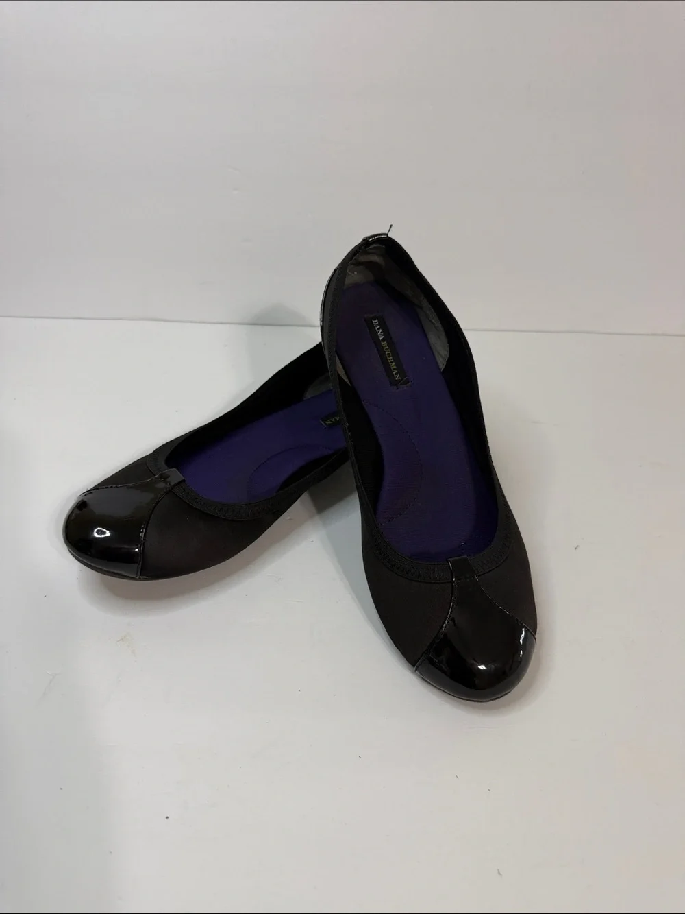 Dana Buchman Black Flats with Patent Toe and Purple Insole